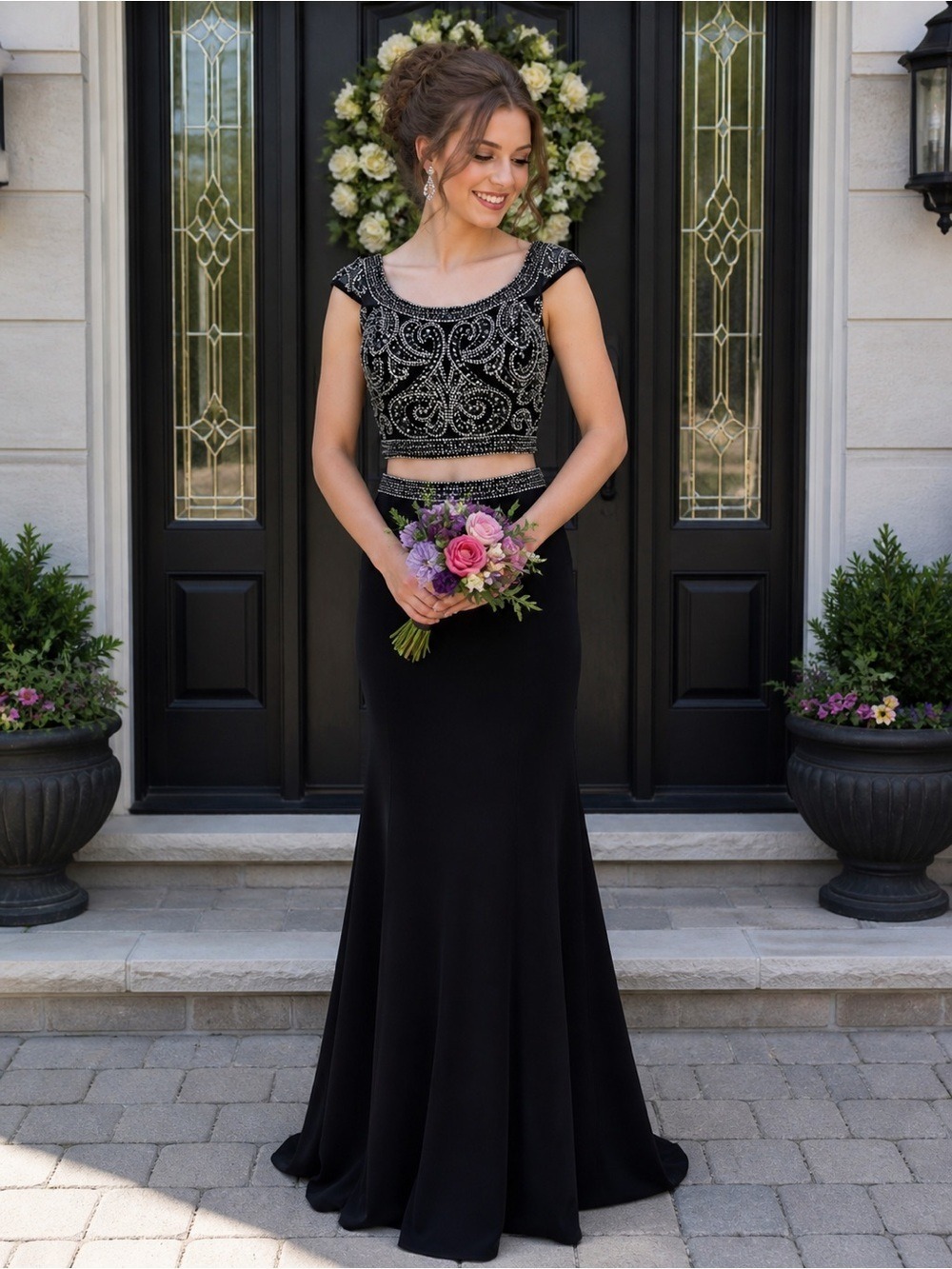 Size 12 Blush Brand Black Prom 2 pc piece prom Gown Dress Jersey Knit Studded